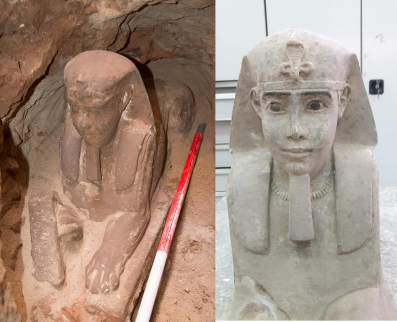 埃及南部城市阿斯旺的考姆翁布神廟挖出法老托勒密五世人面獅身像（右圖）後，又一砂岩雕像（左圖）出土。   圖：翻攝埃及古文物部臉書