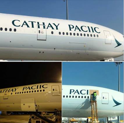 香港航空公司國泰航空（Cathay Pacific），一架波音777-367客機機身商標少了個F，昨（19）天在臉書上幽默回應，這班飛機是「期間限定」。   圖：翻攝自國泰航空臉書