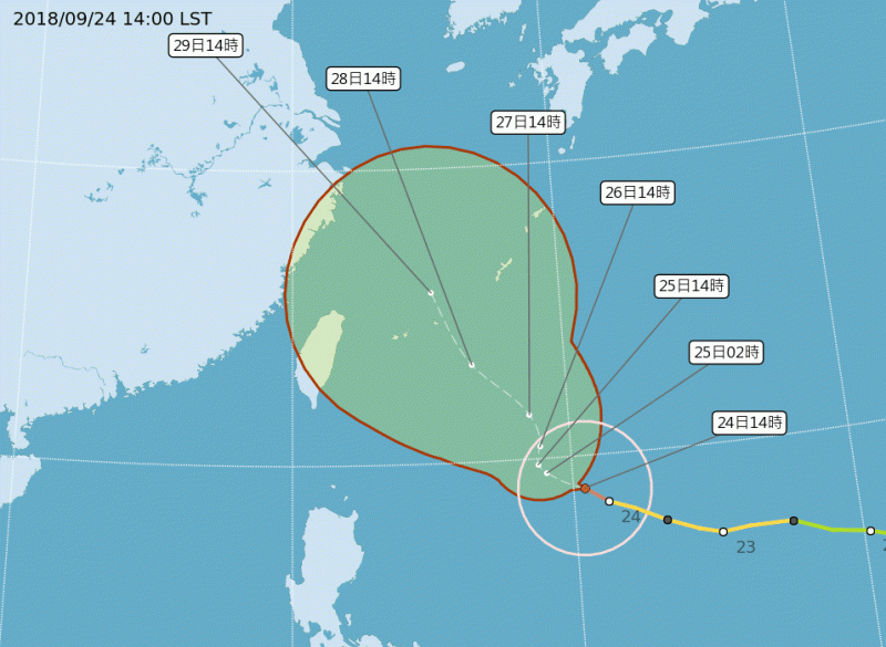 潭美颱風路徑潛勢預報圖。   圖：翻攝自中央氣象局