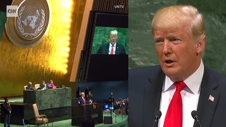 美國總統川普今（25）日在聯合國大會發表演說，讚揚北韓領導人金正恩，有勇氣朝向去除核武邁開步伐。   圖：翻攝CNN臉書直播