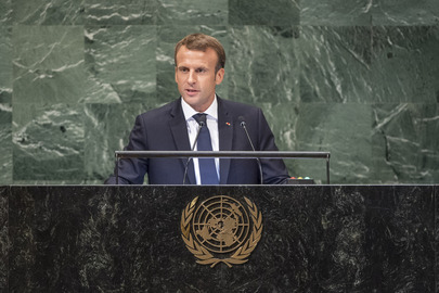 法國總統馬克宏在聯合國大會發表演說，強調不可以讓區域緊張升溫，而應透過對話尋求和平。   圖：翻攝聯合國官網/Cia Pak