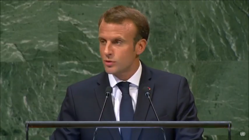 法國總統馬克宏今天在聯合國大會發表演說，呼籲世界領袖拒絕美國總統川普「強者說了算」的做法。   圖：翻攝聯合國YouTube頻道
