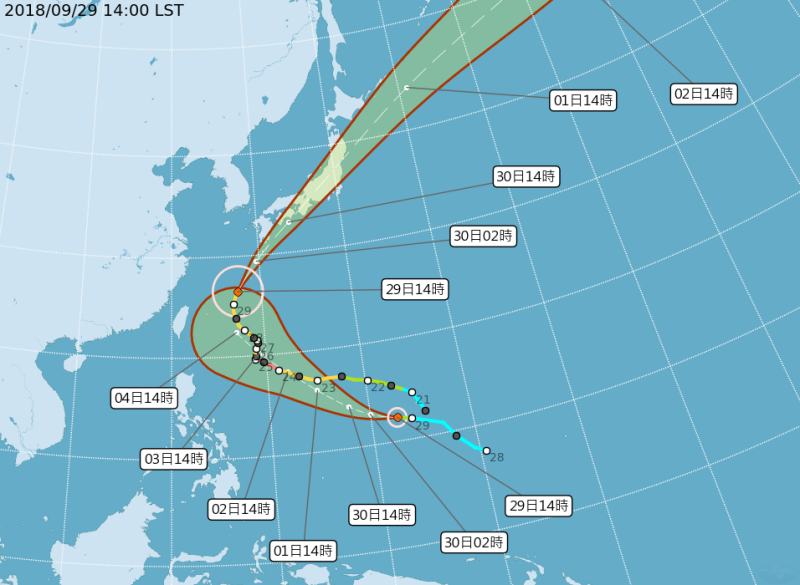 目前太平洋上有「潭美」、「康芮」兩個颱風。(康芮為下方路徑)   圖：中央氣象局