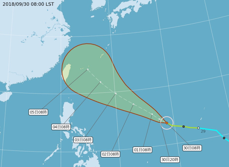 康芮颱風路徑預測圖，行進至臺灣附近仍須5至6天，路徑不確定性還很大。   圖：翻攝自中央氣象局