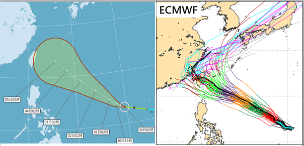 氣象局「路徑潛勢預測圖」（左圖）顯示的預測路徑與各國一致，各國預報單位也一致認為，「康芮」的未來路徑仍有很大變數。以歐洲天氣預報中心（ECMWF）發布之50次颱風路徑模擬圖（右圖）解釋，當太平洋高壓的強弱不同時，模擬路徑從最東的琉球附近迴轉，到最西通過巴士海峽，任何路徑都是可能的。   圖：翻攝自吳德榮「三立準氣象·老大洩天機」專欄