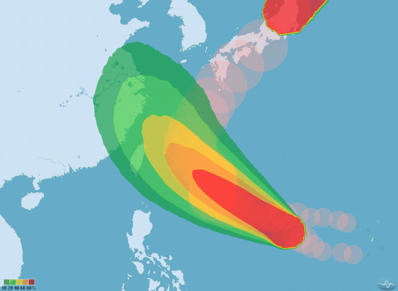 持續增強的康芮颱風，不排除最快在2日轉為強颱，氣象局預測康芮週三起可能影響台灣，為北部地區帶來降雨。   圖：翻攝中央氣象局