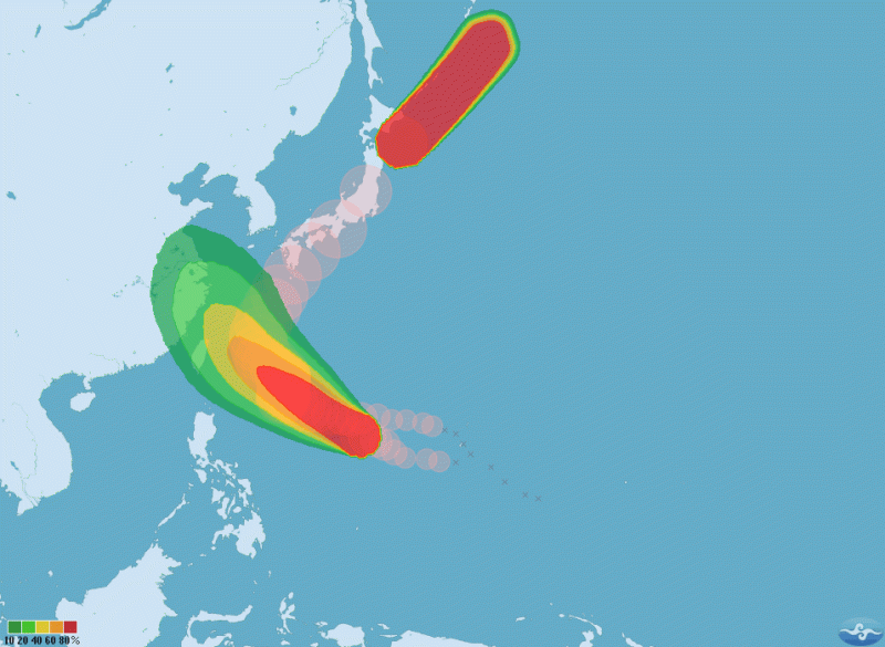 潭美颱風行至北海道東方外海，威力將弱化為溫帶氣旋。   圖：翻攝自中央氣象局