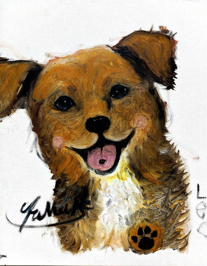 專畫狗狗的旅美藝人畫家張富美在板橋動物之家現場揮毫的畫作，已捐給市府動保處，並在網路畫展展出。    
   圖：新北市動保處提供