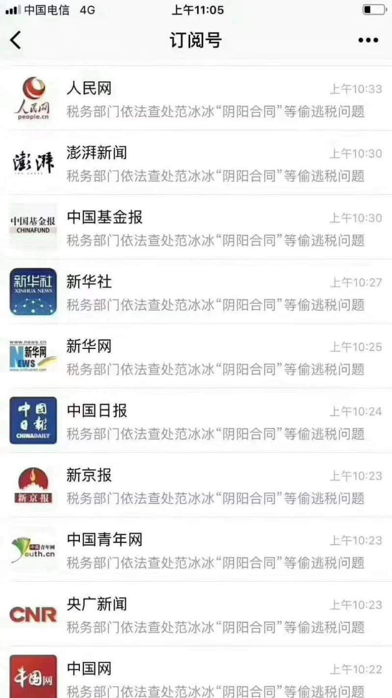 中國各家媒體發布范冰冰"陰陽合同"等逃稅問題，新聞內容完全一模一樣。   圖：翻攝自臉書