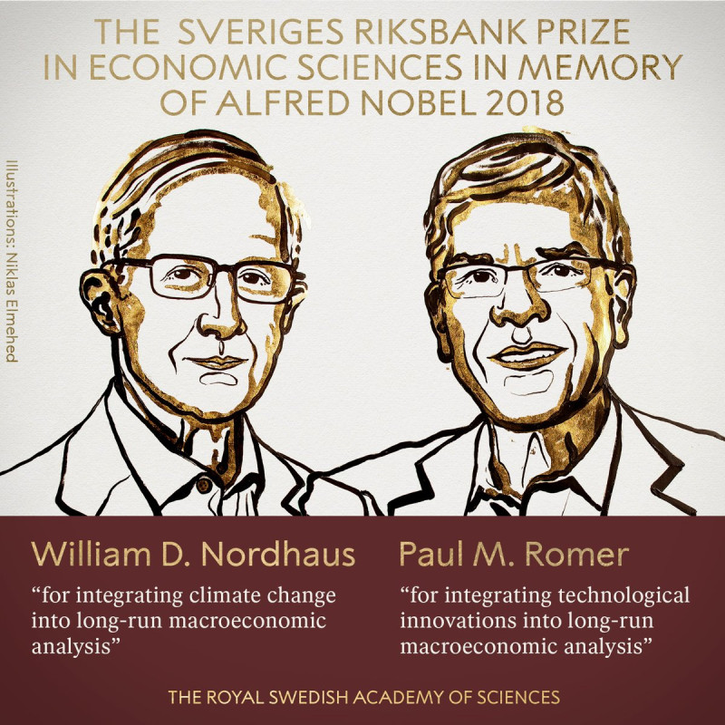 2018年諾貝爾經濟學獎得主今（８）天揭曉，由美國學者耶魯大學教授諾德豪斯（William Nordhaus）和經濟學家羅莫（Paul Romer）獲得殊榮。   圖：擷取自The Nobel Prize推特