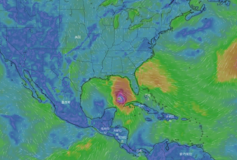 颶風麥可逼近佛州，預計明天（10日）登陸美國佛州，恐成10年來襲擊佛羅里達州狹長地帶最強的颶風。   圖：翻攝windy.com網站