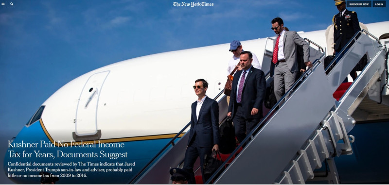 「紐約時報」（NYT）報導稱，美國總統川普的女婿兼白宮資深顧問庫許納於2009至2016年期間，可能鮮少或根本未繳納聯邦所得稅。   圖/翻攝自NYT網站