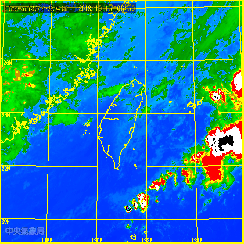 除了北部海岸與東部有零星降雨外，台灣大多數地區是多雲天氣。   圖：翻攝中央氣象局
