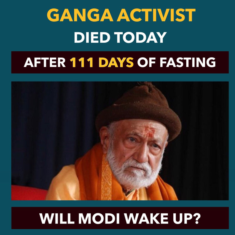 86歲的印度知名環保鬥士阿加渥為了敦促政府整治恆河污染問題，絕食抗議111天後去世。   圖：翻攝Narendra Godi推特