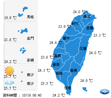 今（16）日氣溫方面，北部22至28度，中部23至31度，東部22至30度，南部23至32度，外島金馬澎湖19至28度。   圖：翻攝自中央氣象局網站