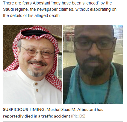 《華盛頓郵報》特約記者哈紹吉（左圖）失蹤已經半個月，1名涉案的沙烏地阿拉伯空軍中尉阿爾巴斯塔尼（右圖）返回後，傳車禍死亡。   圖：翻攝Daily Star網站