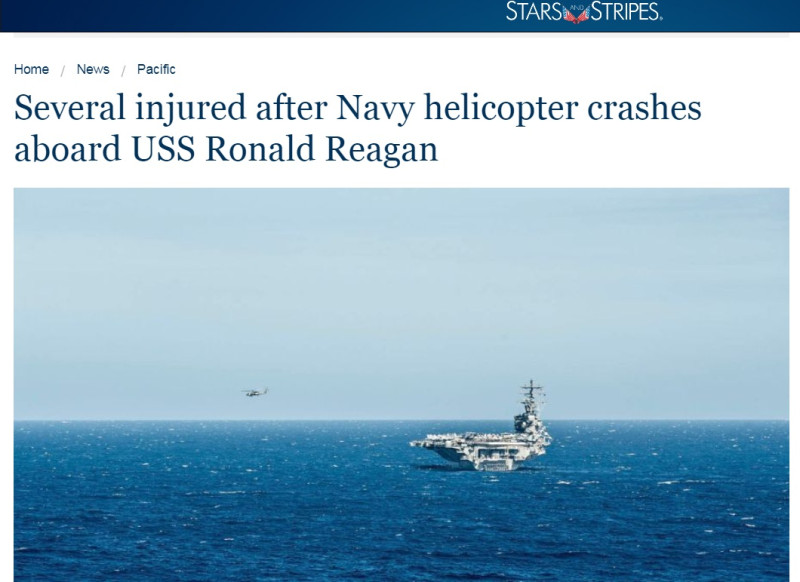 美軍《Stars and Stripes》報導，在菲律賓海的雷根號航空母艦發生MH-60海鷹直升機在飛行甲板上墜機的意外，造成數名人員受傷。   圖：擷取Stars and Stripes網站