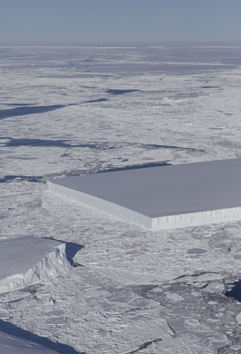 美國國家航空暨太空總署（NASA）日前公布了一張攝於南極的「矩形冰山」照片，照片中位於南極拉森冰架（Larsen Ice Shelf）區域，出現了一座方方正正，宛如用工具切好一般工整的冰山。   圖：翻攝自NASA ICE推特