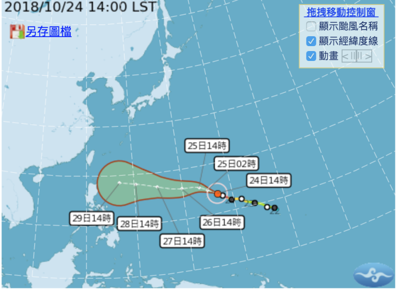 氣象局表示，玉兔颱風未來路徑將受太平洋高壓影響，若未來幾天高壓強，將持續朝西到西北方向移動，往菲律賓前進，且靠近台灣。   圖：截自中央氣象局