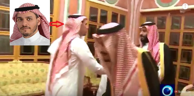 網路上流傳沙烏地阿拉伯王儲薩爾曼（右），與《華盛頓郵報》還害記者哈紹吉長子薩拉赫握手的影片。   圖：翻攝YouTube/Press TV