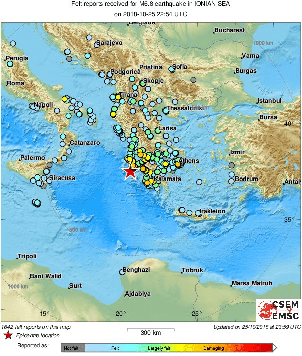 歐洲獨立科學組織EMSC在推特上表示，希臘6.8強震是國際地震，受影響的多達8個國家。   圖：翻攝EMSC推特