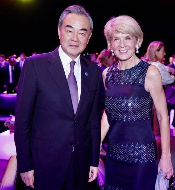 根據《雪梨晨鋒報》報導，中國外交部長王毅曾直接向澳洲前外交部長畢紹普傳達出中國方面反對澳洲與台灣蔡英文政府增進關係。   圖：擷取自Julie Bishop推特