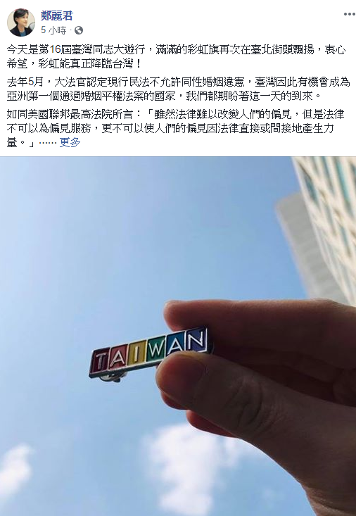 文化部長鄭麗君表示支持同性婚姻，她指出滿滿的彩虹旗再次在台北街頭飄揚，衷心希望，彩虹能真正降臨台灣。   圖：翻攝自鄭麗君臉書