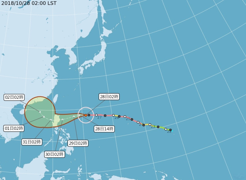今年第26號颱風玉兔，28日凌晨2時的中心位置距離鵝鑾鼻東南東方約1180公里的海面上。   圖：圖取自中央氣象局網頁cwb.gov.tw