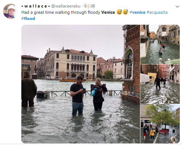 義大利威尼斯幾乎整座城市泡在水裡，連觀光客都涉水拍照。   圖：翻攝• w a l l a c e •推特