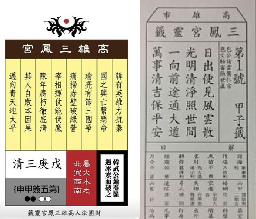 一首設計成「韓國瑜痛宰陳其邁」的藏頭詩以高雄三鳳宮為署名包裝為靈籤（左），三鳳宮表示該靈籤是造假的，與三鳳宮的靈籤（右）格式內容不同。   圖：翻攝自網路