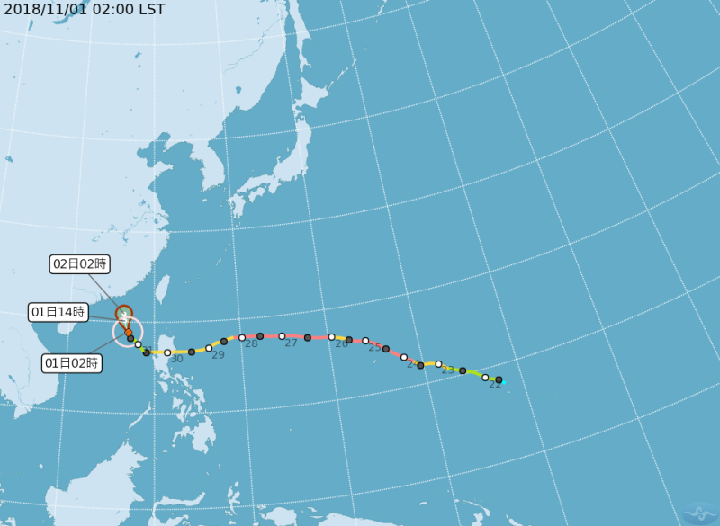 輕度颱風玉兔今（1）日凌晨2時中心位置位於北緯 18.90 度、東經 116.90 度，以每小時12公里速度，向北北西進行。近中心最大風速每秒 23 公尺，瞬間之最大陣風每秒 30 公尺，七級風半徑 180 公里，目前對台灣並無威脅。   圖：翻攝自中央氣象局網站