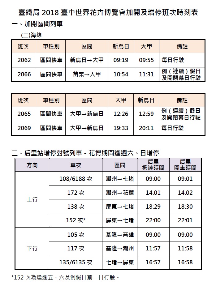 台中花博開展期間，台鐵加開班次資訊表。   圖：台灣鐵路局／提供