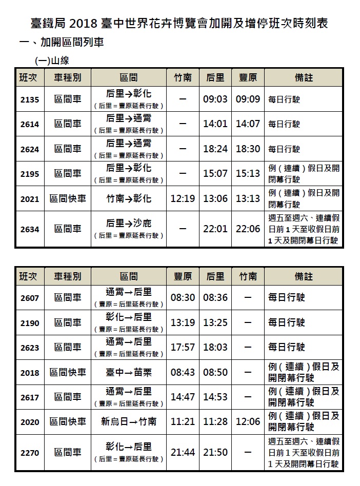 台中花博開展期間，台鐵加開班次資訊表。   圖：台灣鐵路局／提供