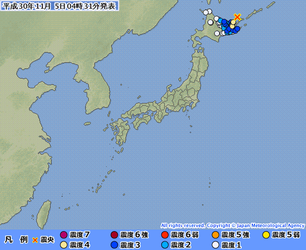 日本北海島國後島附近5日清晨發生規模6.2強震，暫無海嘯威脅。   圖：翻攝日本氣象廳