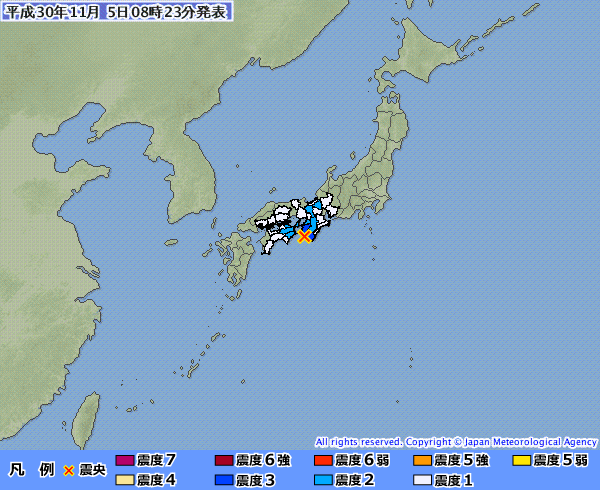 日本紀伊水道附近也在5日上午發生規模4.5地震，連大阪與京都也能感受到輕微震度。   圖：翻攝日本氣象廳