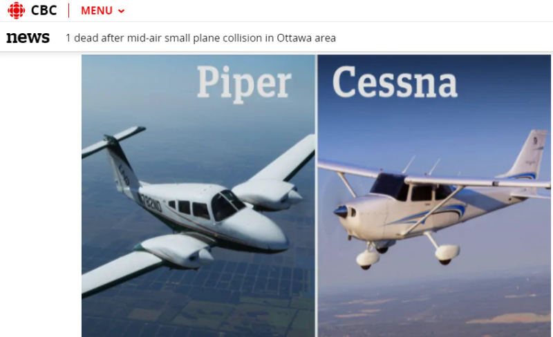 加拿大發生罕見Cessna 150（右圖）與Piper Cheyenne（左圖）小飛機空中相撞事故，媒體比較2架飛機的大小與性能。   圖：翻攝加拿大CBC NEWS