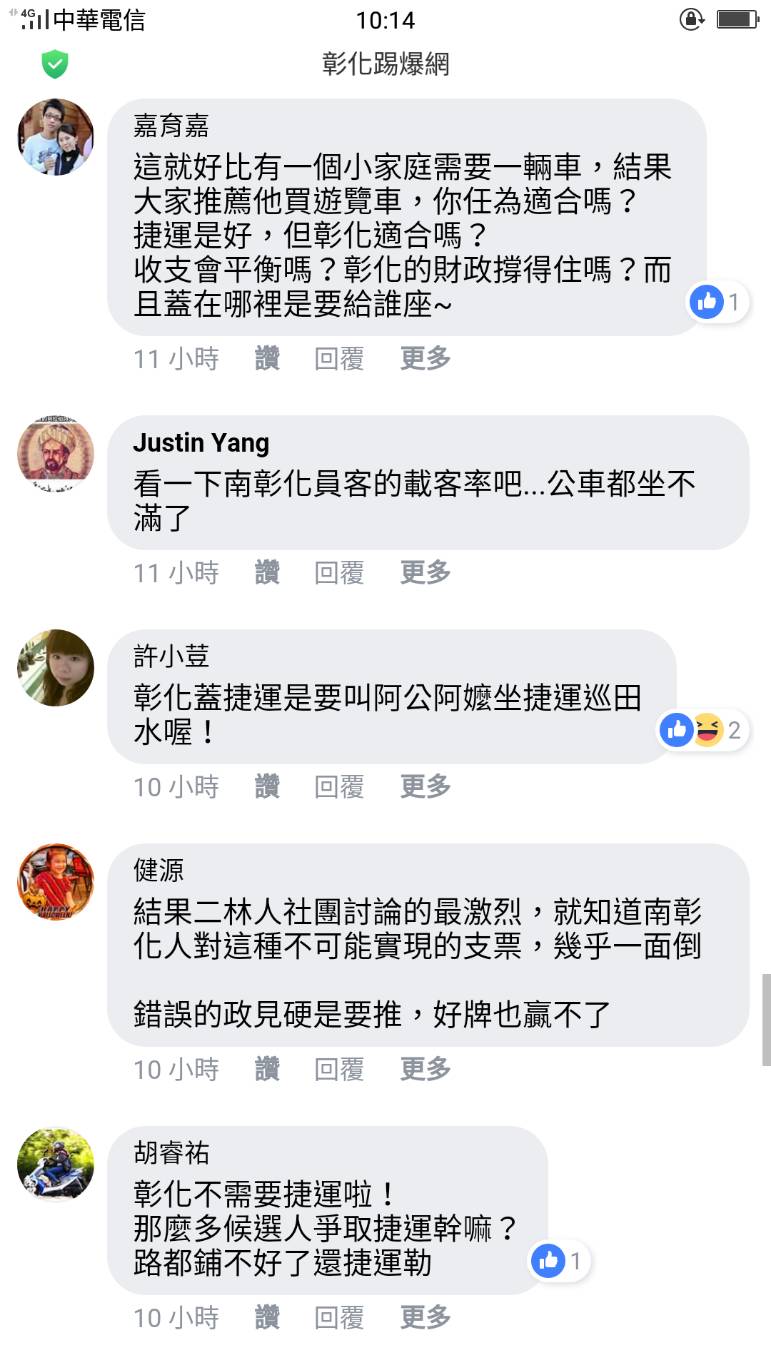 網友對於王惠美的訴求表示「彰化蓋捷運是要阿公阿嬤搭捷運巡田水嗎？」&nbsp;&nbsp;&nbsp;圖：翻攝臉書彰化踢爆網