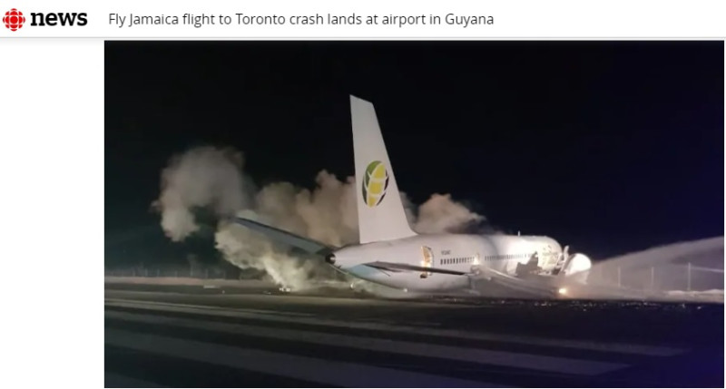牙買加「飛天」航空（Fly Jamaica Airways）一架波音757客機，起飛不久後發現機械故障，折返降落時衝出跑道。   圖：翻攝CBC NEWS網站