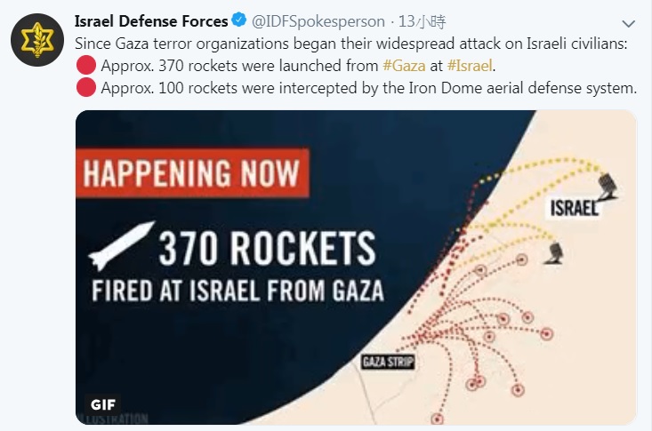 以色列遭遇來自加薩走廊（Gaza Strip）遭遇300多枚來自巴勒斯坦組織哈瑪斯集團（Hamas）的火箭襲擊後，發動數十次空襲回擊。   圖：翻攝israel defense forces推特