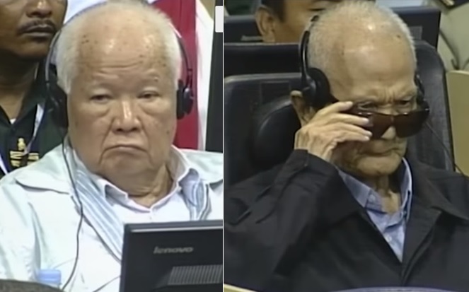 前赤棉主席團主席喬森潘（左）以及有「二號大哥」之稱的努謝（右）16日被判種族滅絕罪。   圖：翻攝Youtube(新頭殼合成)