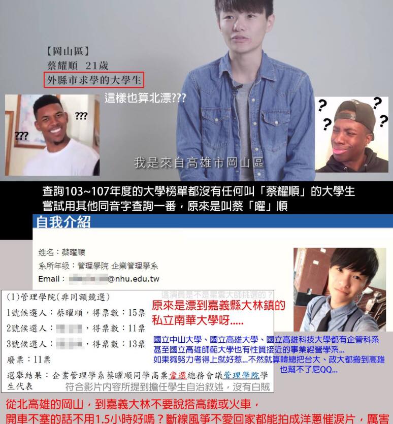 國民黨高雄市長候選人韓國瑜競選影片「北漂青年」遭起底從高雄岡山到嘉義唸書。 聞賤會文創臉書