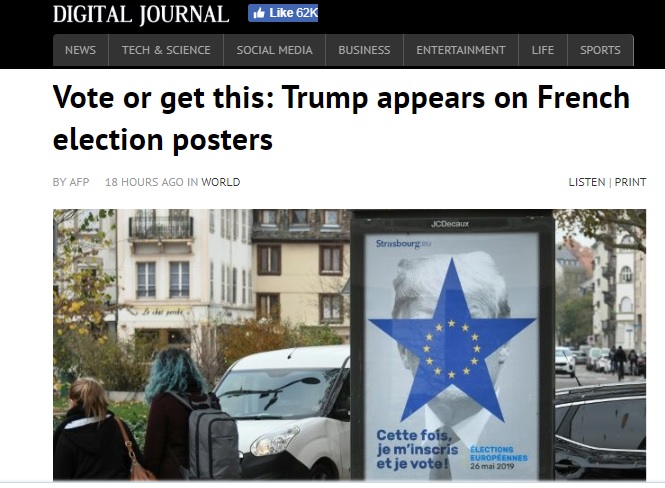 美國總統川普成為法國史特拉斯堡（Strasbourg）宣傳海報主角。   圖：翻攝Digital Journal網站