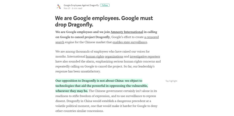 美國網路巨擘谷歌（Google）數百名工程師、設計師及主管今日連署公開信，強烈要求Google停止為中國用戶研發審查版搜尋應用程式（App），提高對相關計畫的抗議聲浪。   圖：部落格平台Medium／擷取