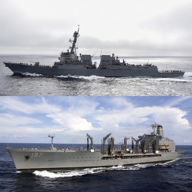 美國防部證實，導彈驅逐艦「斯托克代爾號」（上圖）與補給艦「佩科斯號」（下圖）11月28日「例行性經過台灣海峽。   圖：翻攝美國USNI NEWS