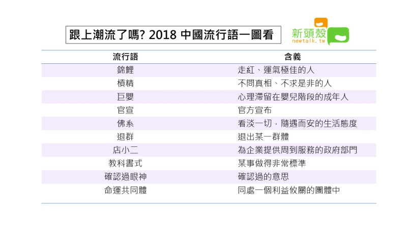 跟上潮流了嗎? 2018中國流行語新鮮出爐   圖: 新頭殼製表