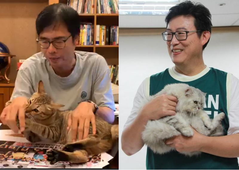 前立委陳其邁與前立委姚文智兩人都在鏡頭前抱貓，但網友反應卻有兩樣情。   圖：新頭殼 製作
