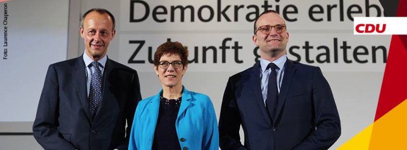 德國執政的基民盟將選出新黨主席，目前親商派麥茲（左起）、現任秘書長克朗普凱倫鮑爾與衛生部長史巴恩最有希望。   圖：翻攝基民盟臉書