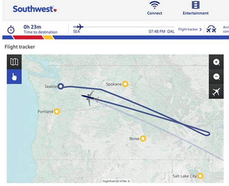 乘客Andrew Gottschalk提供西南航空3606班機在空中180度大轉彎的路線圖，該班機延誤約5小時行程。   圖：翻攝《西雅圖時報》