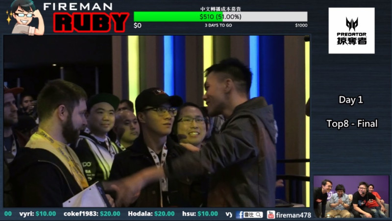 獲勝瞬間ZJZ開心與台灣選手「五股石油王」林立偉（中立黑帽者）擁抱。