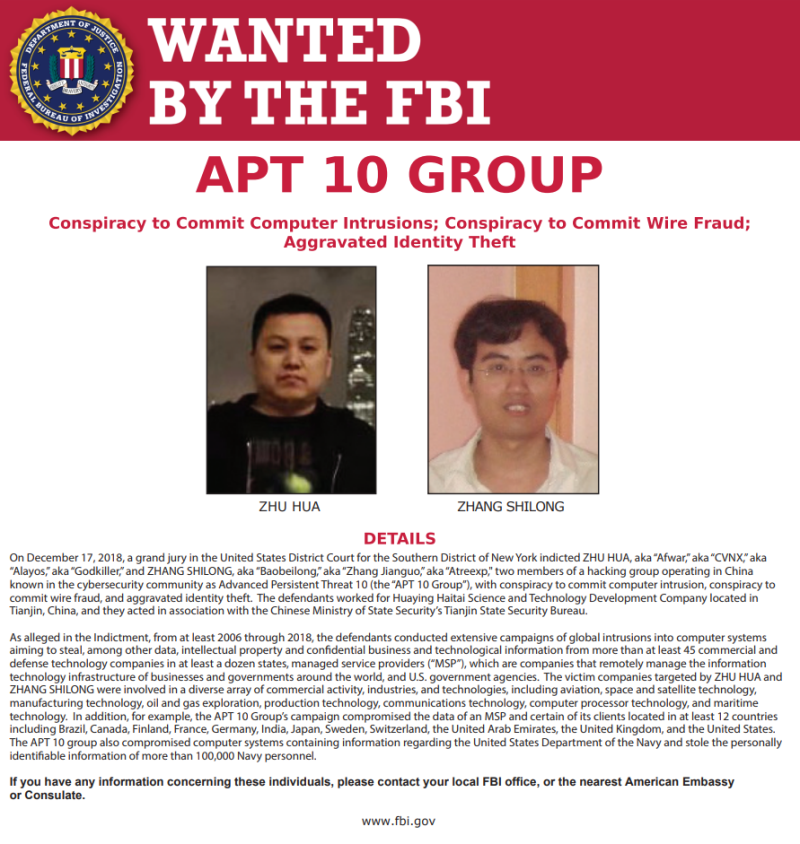 中國遭指控違反2015年美中網絡協議承諾，在全球至少12國進行駭客攻擊，竊取商業機密    圖：翻攝自FBI臉書